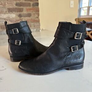 FRYE Women's Anna Gore Double Buckle Black Leather Boots Size 9- SH08